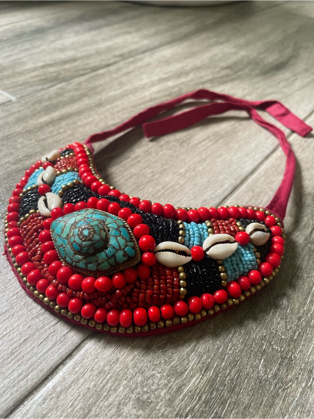 Red Beaded Statement Necklace with Turquoise Cabochon